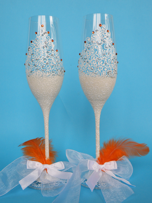Расписные свадебные бокалы Кружева с оранжевыми кристаллами